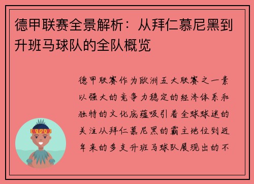 德甲联赛全景解析：从拜仁慕尼黑到升班马球队的全队概览