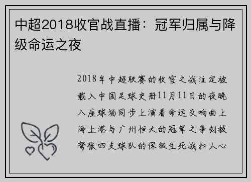 中超2018收官战直播：冠军归属与降级命运之夜