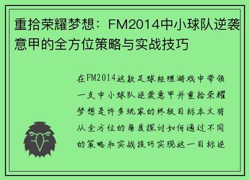 重拾荣耀梦想：FM2014中小球队逆袭意甲的全方位策略与实战技巧